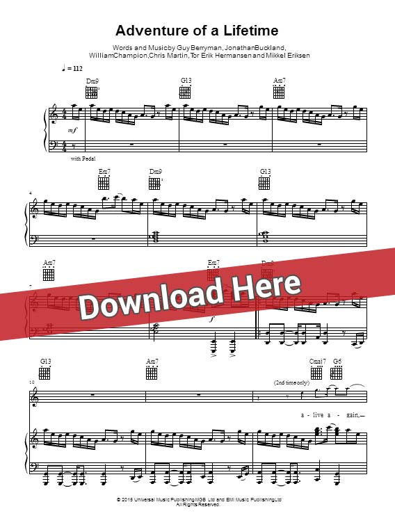 coldplay, adventure of a lifetime, sheet music, piano notes, score, chords, download, keyboard, guitar, tabs, klavier noten, partition, how to play, learn